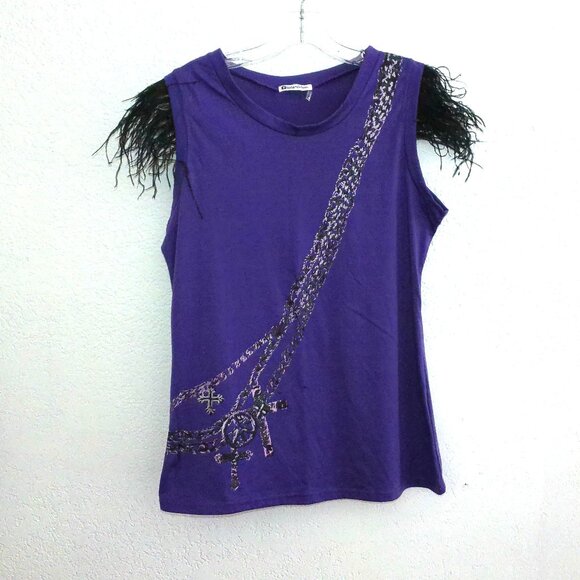 Gioia Fashion, Purple tank top, with animal prints and feather design - Picture 3 of 9